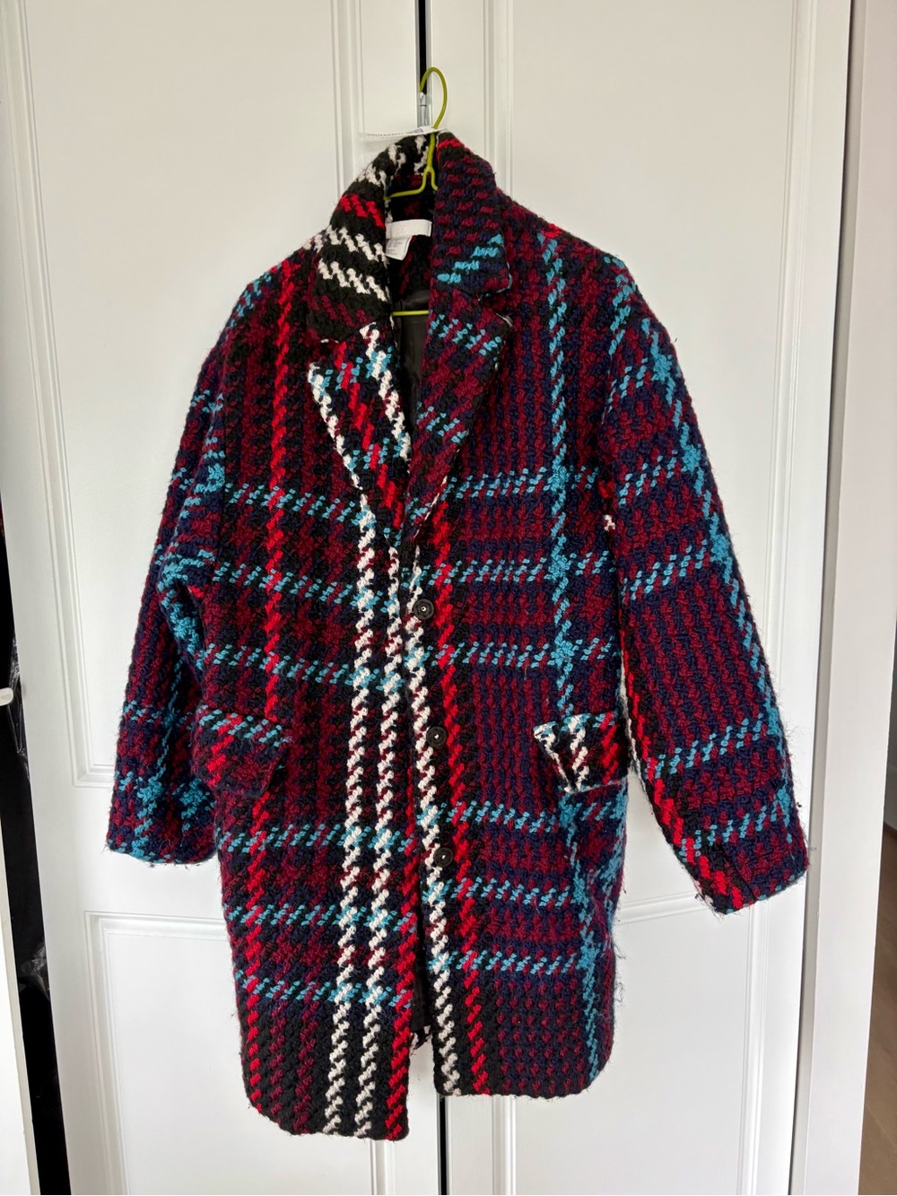 Black, Red & Teal Bouclé Plaid Coat